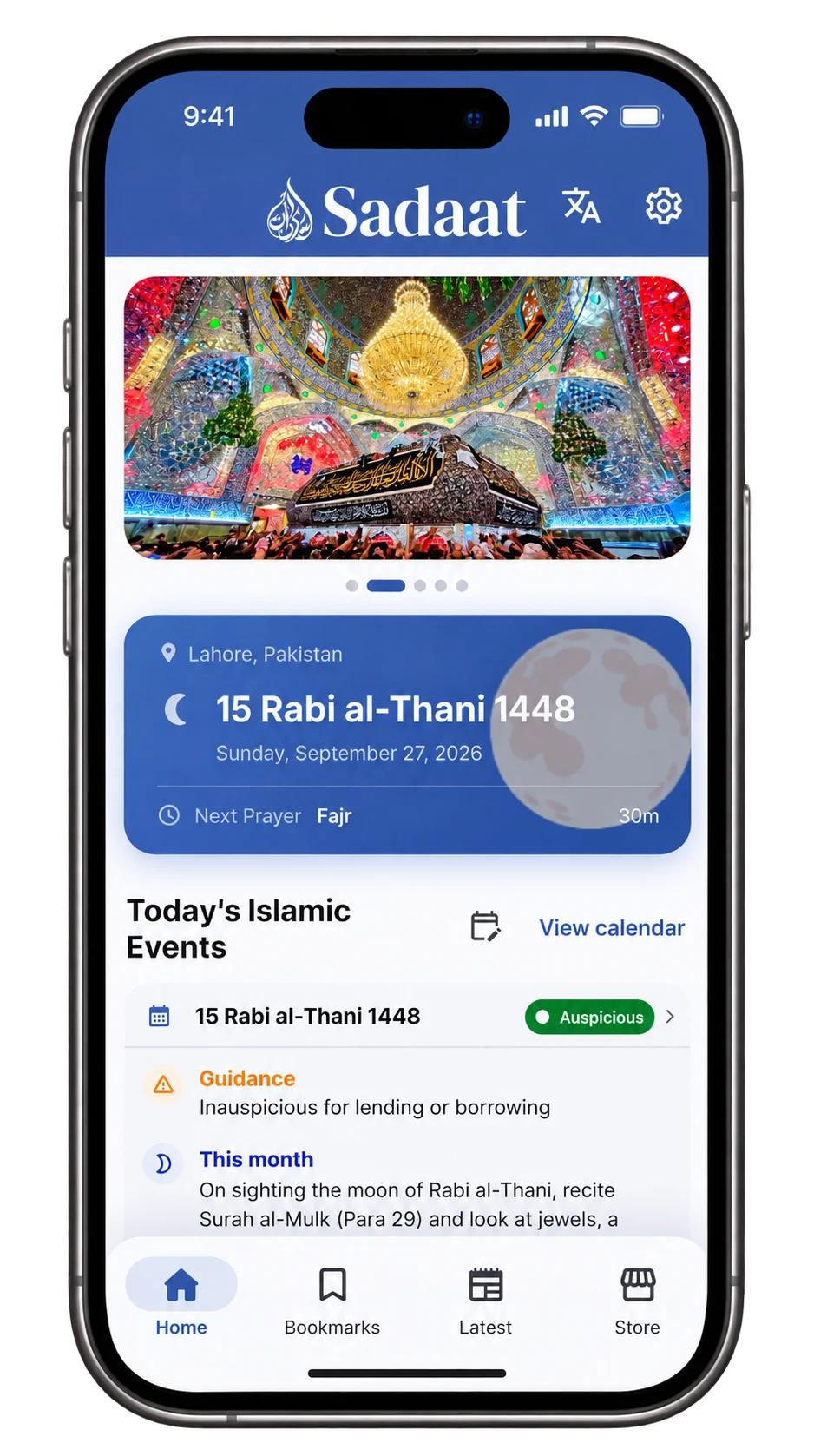 Sadaat app home screen with today's Hijri date and Islamic events
